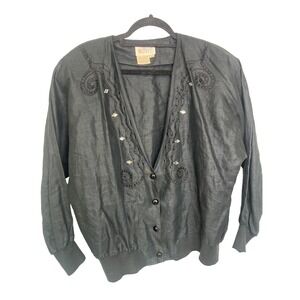 Vintage 80s Black Linen Beaded Cardigan Embroidered Boho Glam Cropped Jacket 10